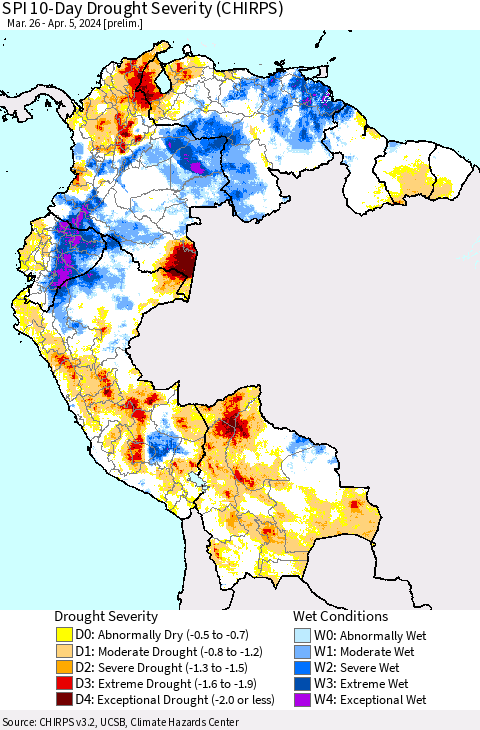 Northern South America SPI 10-Day Drought Severity (CHIRPS) Thematic Map For 3/26/2024 - 4/5/2024