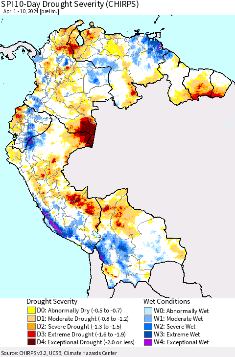 Northern South America SPI 10-Day Drought Severity (CHIRPS) Thematic Map For 4/1/2024 - 4/10/2024