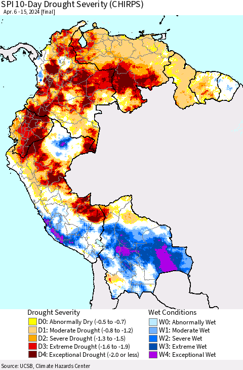 Northern South America SPI 10-Day Drought Severity (CHIRPS) Thematic Map For 4/6/2024 - 4/15/2024