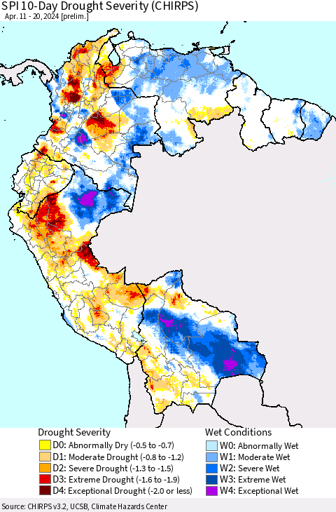 Northern South America SPI 10-Day Drought Severity (CHIRPS) Thematic Map For 4/11/2024 - 4/20/2024