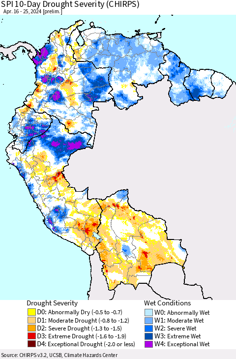 Northern South America SPI 10-Day Drought Severity (CHIRPS) Thematic Map For 4/16/2024 - 4/25/2024