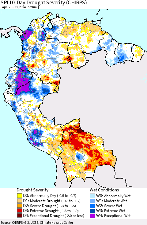 Northern South America SPI 10-Day Drought Severity (CHIRPS) Thematic Map For 4/21/2024 - 4/30/2024