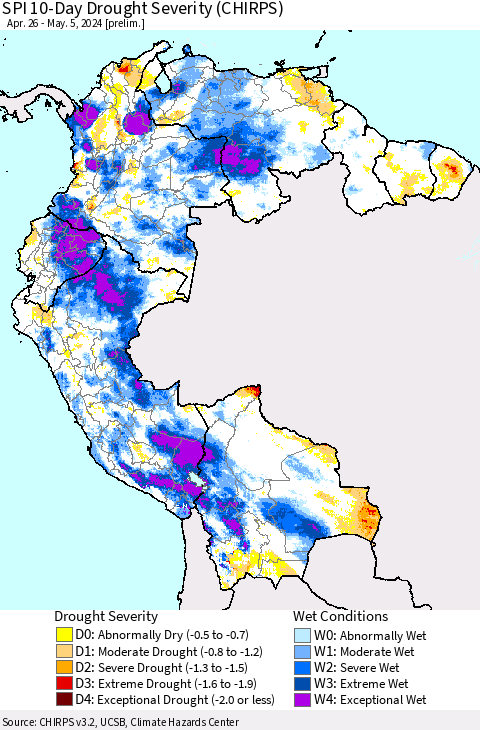 Northern South America SPI 10-Day Drought Severity (CHIRPS) Thematic Map For 4/26/2024 - 5/5/2024