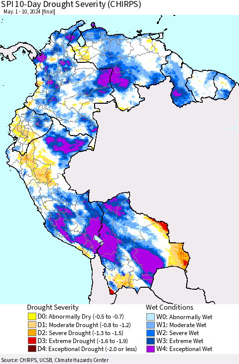 Northern South America SPI 10-Day Drought Severity (CHIRPS) Thematic Map For 5/1/2024 - 5/10/2024