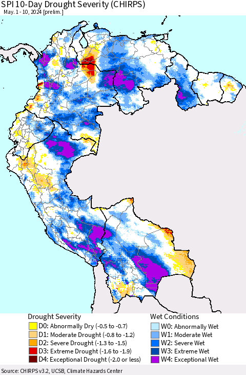 Northern South America SPI 10-Day Drought Severity (CHIRPS) Thematic Map For 5/1/2024 - 5/10/2024