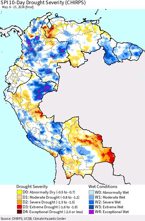 Northern South America SPI 10-Day Drought Severity (CHIRPS) Thematic Map For 5/6/2024 - 5/15/2024