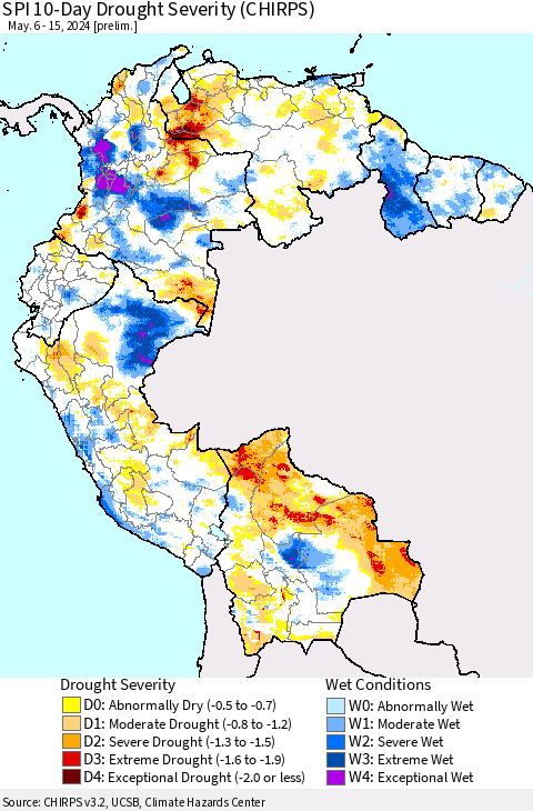 Northern South America SPI 10-Day Drought Severity (CHIRPS) Thematic Map For 5/6/2024 - 5/15/2024