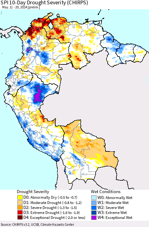 Northern South America SPI 10-Day Drought Severity (CHIRPS) Thematic Map For 5/11/2024 - 5/20/2024