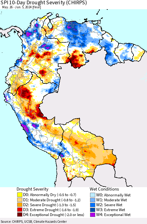 Northern South America SPI 10-Day Drought Severity (CHIRPS) Thematic Map For 5/26/2024 - 6/5/2024