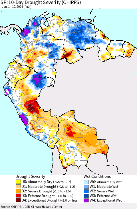 Northern South America SPI 10-Day Drought Severity (CHIRPS) Thematic Map For 6/1/2024 - 6/10/2024