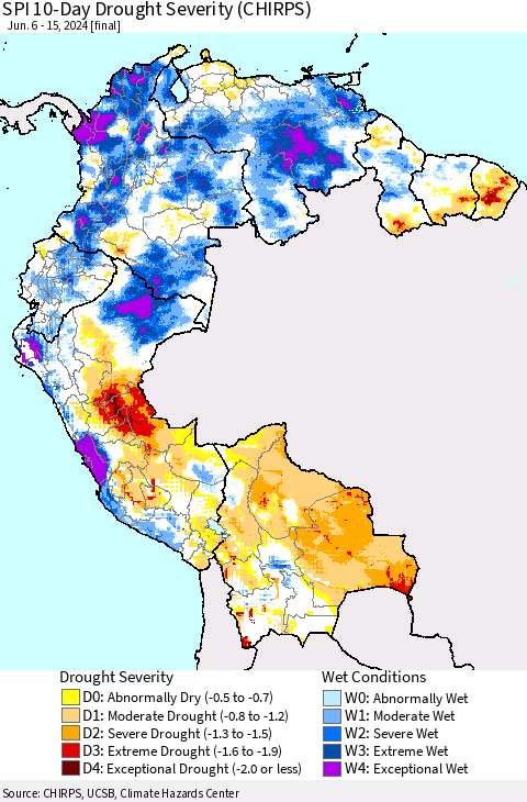 Northern South America SPI 10-Day Drought Severity (CHIRPS) Thematic Map For 6/6/2024 - 6/15/2024
