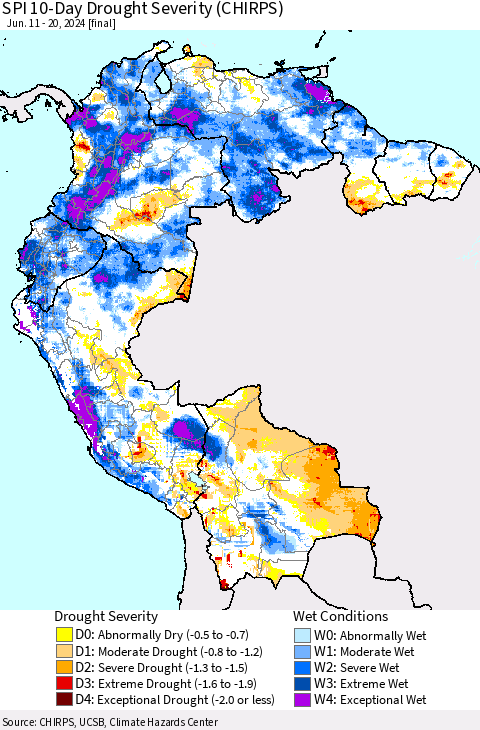 Northern South America SPI 10-Day Drought Severity (CHIRPS) Thematic Map For 6/11/2024 - 6/20/2024