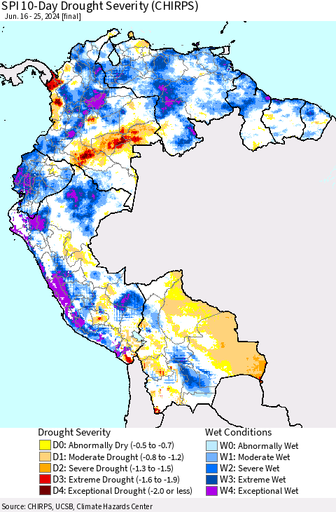Northern South America SPI 10-Day Drought Severity (CHIRPS) Thematic Map For 6/16/2024 - 6/25/2024