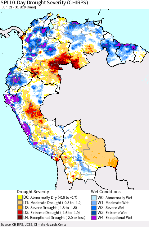 Northern South America SPI 10-Day Drought Severity (CHIRPS) Thematic Map For 6/21/2024 - 6/30/2024