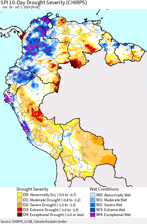 Northern South America SPI 10-Day Drought Severity (CHIRPS) Thematic Map For 6/26/2024 - 7/5/2024