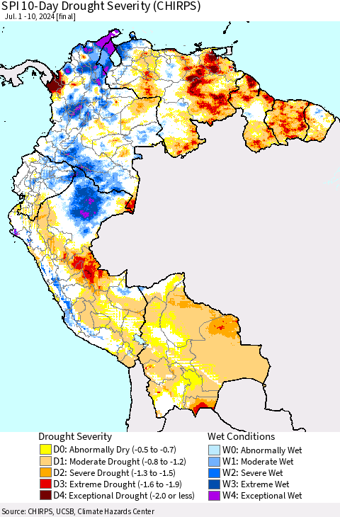 Northern South America SPI 10-Day Drought Severity (CHIRPS) Thematic Map For 7/1/2024 - 7/10/2024
