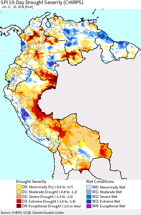 Northern South America SPI 10-Day Drought Severity (CHIRPS) Thematic Map For 7/11/2024 - 7/20/2024