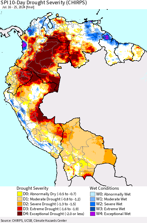 Northern South America SPI 10-Day Drought Severity (CHIRPS) Thematic Map For 7/16/2024 - 7/25/2024
