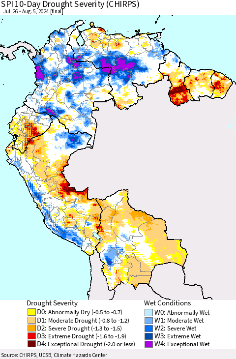 Northern South America SPI 10-Day Drought Severity (CHIRPS) Thematic Map For 7/26/2024 - 8/5/2024