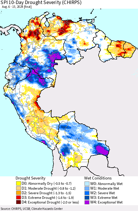 Northern South America SPI 10-Day Drought Severity (CHIRPS) Thematic Map For 8/6/2024 - 8/15/2024