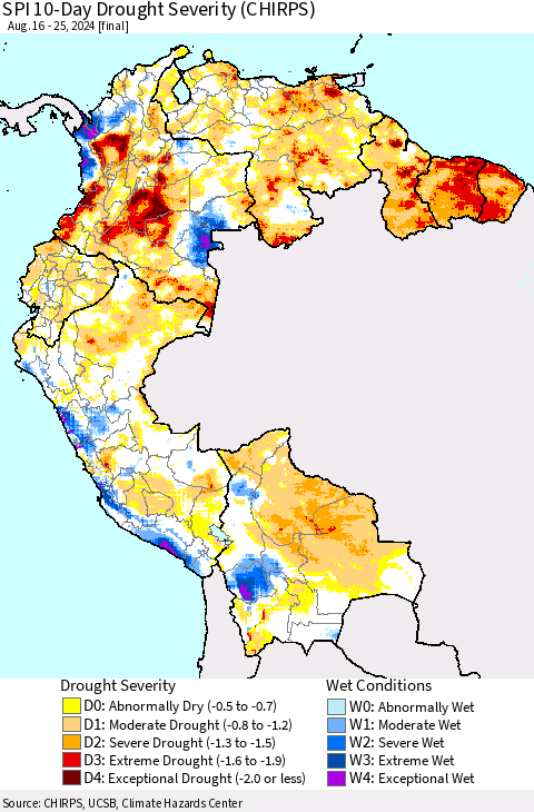 Northern South America SPI 10-Day Drought Severity (CHIRPS) Thematic Map For 8/16/2024 - 8/25/2024