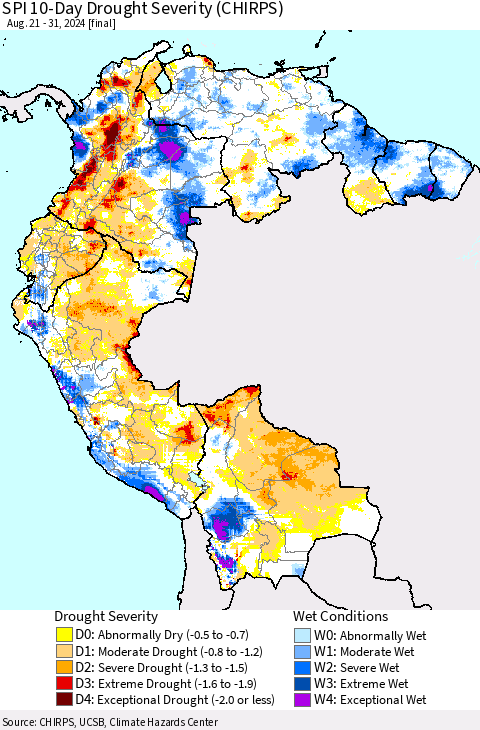 Northern South America SPI 10-Day Drought Severity (CHIRPS) Thematic Map For 8/21/2024 - 8/31/2024