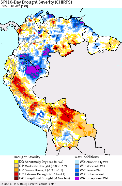 Northern South America SPI 10-Day Drought Severity (CHIRPS) Thematic Map For 9/1/2024 - 9/10/2024