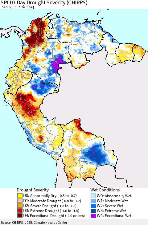 Northern South America SPI 10-Day Drought Severity (CHIRPS) Thematic Map For 9/6/2024 - 9/15/2024