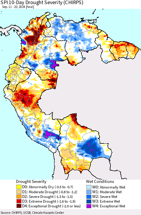 Northern South America SPI 10-Day Drought Severity (CHIRPS) Thematic Map For 9/11/2024 - 9/20/2024