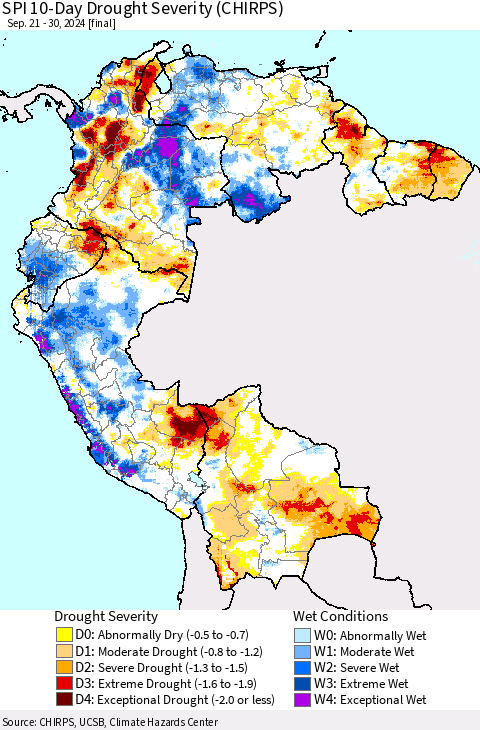 Northern South America SPI 10-Day Drought Severity (CHIRPS) Thematic Map For 9/21/2024 - 9/30/2024