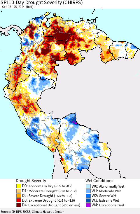 Northern South America SPI 10-Day Drought Severity (CHIRPS) Thematic Map For 10/16/2024 - 10/25/2024