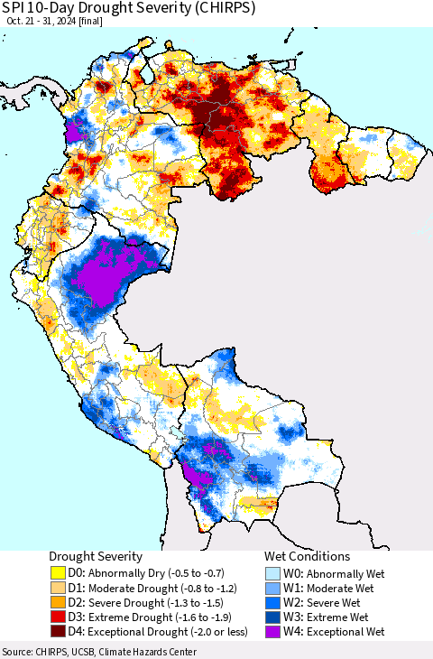 Northern South America SPI 10-Day Drought Severity (CHIRPS) Thematic Map For 10/21/2024 - 10/31/2024