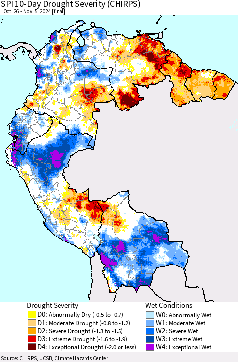 Northern South America SPI 10-Day Drought Severity (CHIRPS) Thematic Map For 10/26/2024 - 11/5/2024