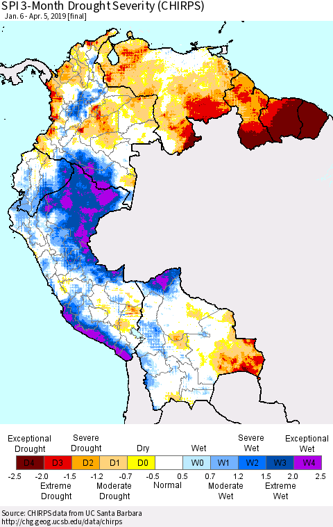 Northern South America SPI 3-Month Drought Severity (CHIRPS) Thematic Map For 1/6/2019 - 4/5/2019