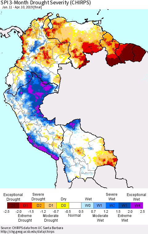 Northern South America SPI 3-Month Drought Severity (CHIRPS) Thematic Map For 1/11/2019 - 4/10/2019