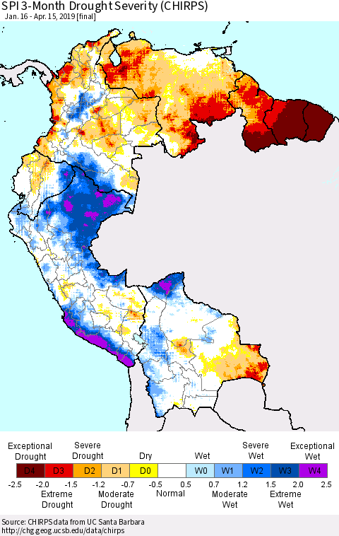 Northern South America SPI 3-Month Drought Severity (CHIRPS) Thematic Map For 1/16/2019 - 4/15/2019