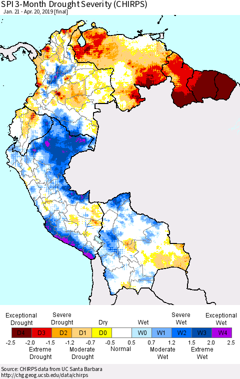 Northern South America SPI 3-Month Drought Severity (CHIRPS) Thematic Map For 1/21/2019 - 4/20/2019