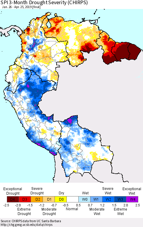 Northern South America SPI 3-Month Drought Severity (CHIRPS) Thematic Map For 1/26/2019 - 4/25/2019