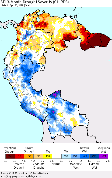 Northern South America SPI 3-Month Drought Severity (CHIRPS) Thematic Map For 2/1/2019 - 4/30/2019