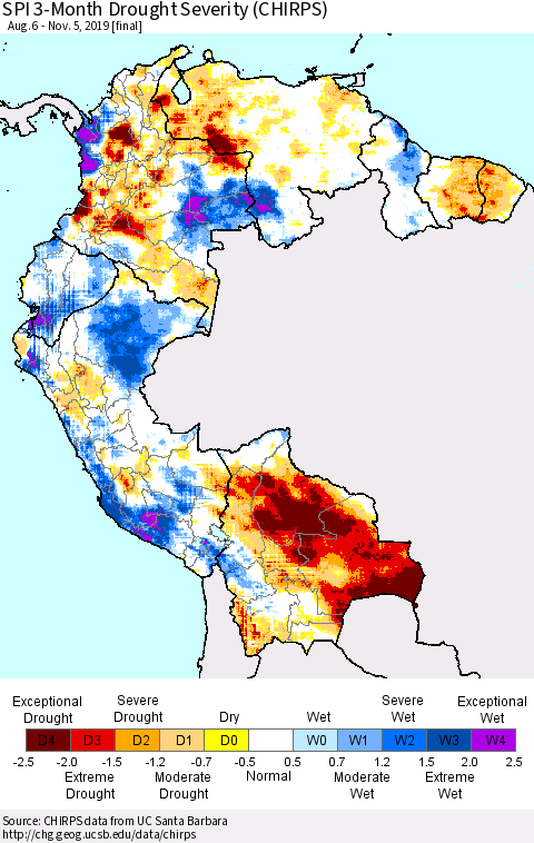 Northern South America SPI 3-Month Drought Severity (CHIRPS) Thematic Map For 8/6/2019 - 11/5/2019
