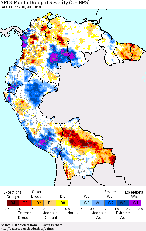 Northern South America SPI 3-Month Drought Severity (CHIRPS) Thematic Map For 8/11/2019 - 11/10/2019