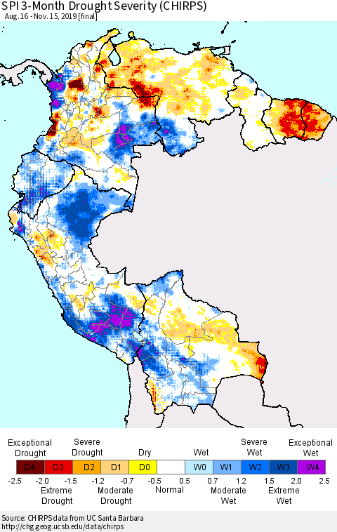 Northern South America SPI 3-Month Drought Severity (CHIRPS) Thematic Map For 8/16/2019 - 11/15/2019