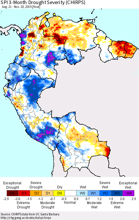 Northern South America SPI 3-Month Drought Severity (CHIRPS) Thematic Map For 8/21/2019 - 11/20/2019