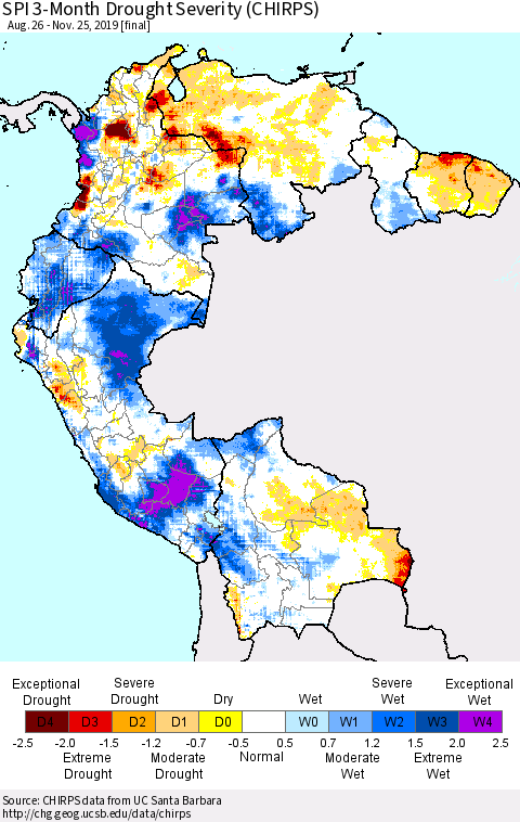 Northern South America SPI 3-Month Drought Severity (CHIRPS) Thematic Map For 8/26/2019 - 11/25/2019
