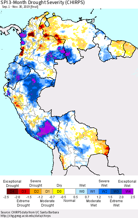 Northern South America SPI 3-Month Drought Severity (CHIRPS) Thematic Map For 9/1/2019 - 11/30/2019