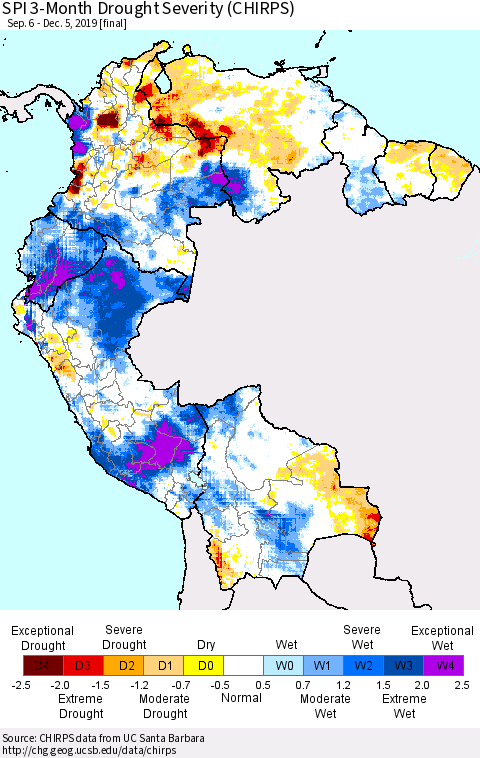 Northern South America SPI 3-Month Drought Severity (CHIRPS) Thematic Map For 9/6/2019 - 12/5/2019