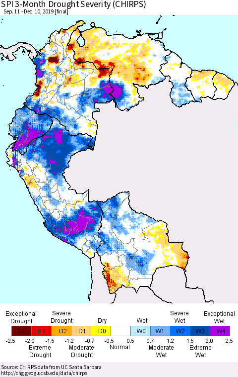 Northern South America SPI 3-Month Drought Severity (CHIRPS) Thematic Map For 9/11/2019 - 12/10/2019