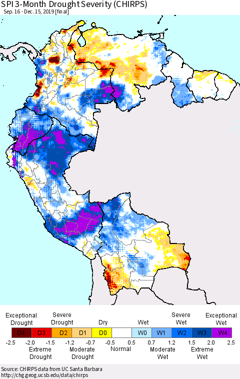 Northern South America SPI 3-Month Drought Severity (CHIRPS) Thematic Map For 9/16/2019 - 12/15/2019