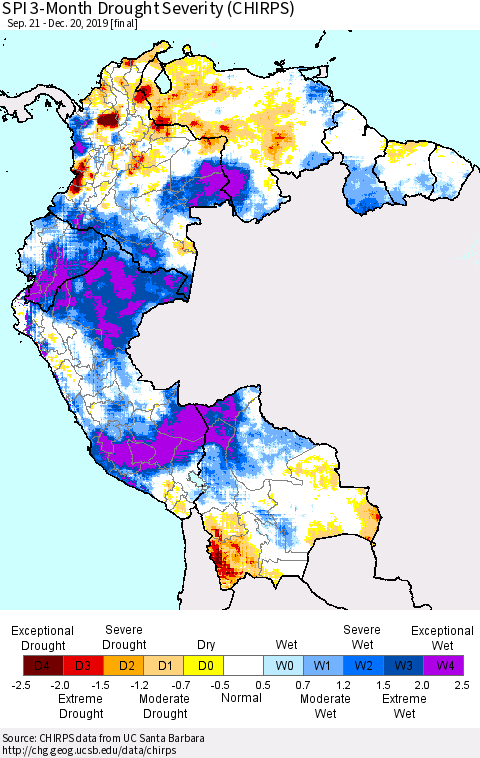 Northern South America SPI 3-Month Drought Severity (CHIRPS) Thematic Map For 9/21/2019 - 12/20/2019