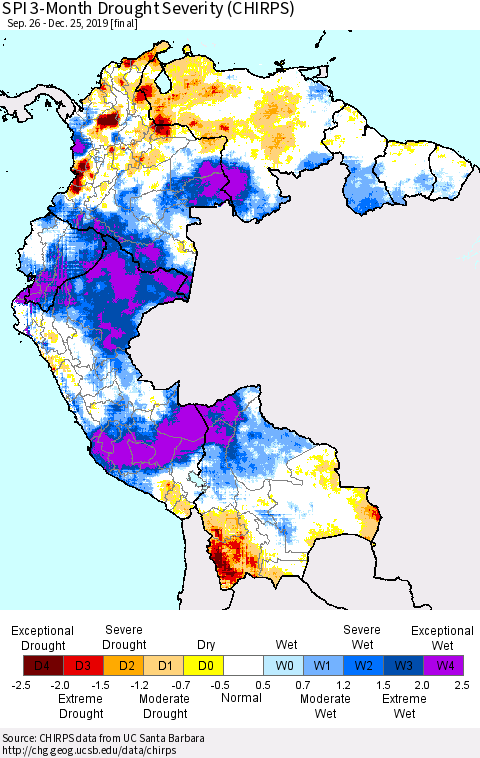 Northern South America SPI 3-Month Drought Severity (CHIRPS) Thematic Map For 9/26/2019 - 12/25/2019